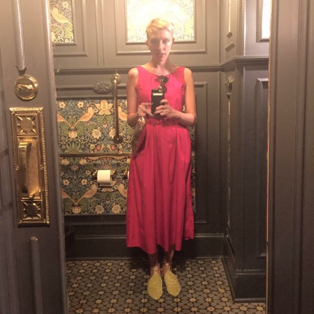 Red Cutout Waist Tie Back Silk Midi Dress